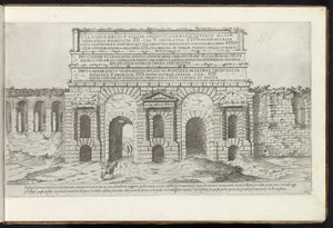 Porta Maggiore i Roma Bouwwerken uit de oudheid (serietittel) Restene fra antikken til Roma samlet og portretter i perspektiv av Stefano Du Perac Parisino (serietittel på objekt) av Etienne Duperac