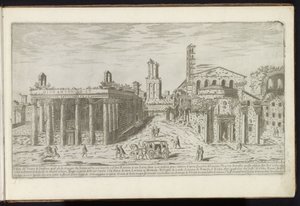 Ruinene av Antoninus- og Faustina-tempelet og Romulus-tempelet i Forum Romanums gamle bygninger (serietittel) I vestigi dell'antichità di Roma raccolti et ritratti in perspettiva da Stefano Du Perac Parisino (serietittel på objektet av Etienne Duperac