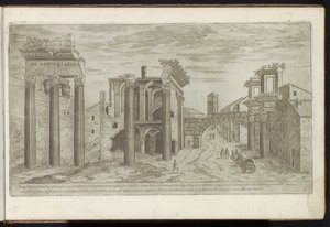 Ruiner ved Forum of Nerva Gamle strukturer (serietittel) I vestigi dell'antichità di Roma raccolti et ritratti in perspettiva da Stefano Du Perac Parisino (serietittel på objekt) av Etienne Duperac