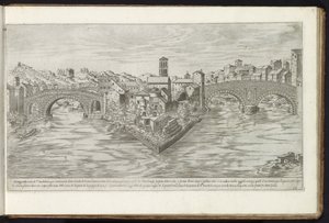Tibereiland te Roma Bouwwerken uit de oudheid (serietittel) Restene av det gamle Roma samlet og fotografert i perspektiv av Stefano Du Perac Parisino (serietittel på objekt) av Etienne Duperac