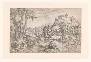 Landskap med fisker og slott på fjelltoppen av Etienne Dupérac (attributed to)