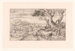 Landskap med en kvinnelig satyr som mater et satyrbarn av Etienne Dupérac (attributed to)