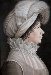Portrett av en kvinne iført en hatt dekorert med en fjær (pastell på papir) av Etienne Esperance Bouchardy