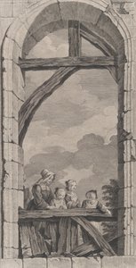 The Chapel of the Foundlings in Paris: Non and Little Girls Watching the Crec..., 1756. av Etienne Fessard