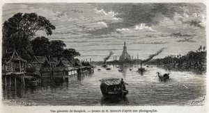 Generelt bilde av Bangkok (Thailand), tegning av E.Bocour, for å illustrere Henri Mouhots reise til kongedømmene Siam, Kambodsja og Laos fra 1858 til 1861. Gravering i “” Le tour du monde””, redigert av Edouard Charton