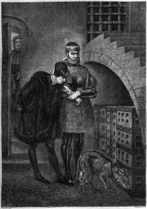 Kong Louis XI av Frankrike (1423-1483) på besøk hos fangen Jean de La Balue (kardinal Balue) (1421-1491), innelukker i et jernbur. Gravering av Bocour etter maleriet av Gerome