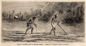 Pløying og såing blant villmennene Stiengs, innbyggere i Kambodsjas skoger, tegning av E.Bocour, for å illustrere Henri Mouhots reise gjennom kongedømmene Siam, Kambodsja og Laos fra 1858 til 1861. Gravering i “” Le tour du monde”” , redigert av Etienne Gabriel Bocourt