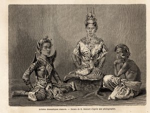 Siamesiske dramatiske kunstnere, tegnet av E.Bocour, for å illustrere Henri Mouhots reise inn i kongedømmene Siam, Kambodsja og Laos fra 1858 til 1861. Gravering i “” Le tour du monde””, redigert av Edouard Charton