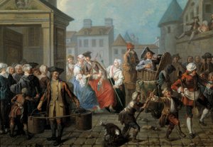 Karneval i gatene i Paris Detail. Maleri av Etienne Jeaurat (1699-1789) 1757. Dim. 0,65 x 0,82m Paris, musee Carnavalet av Étienne Jeaurat