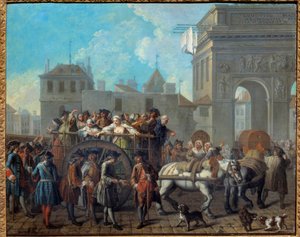 Oppførselen til gledens jenter i Salpetriere, passasjen ved portene til Saint Bernard. Det nåværende Salpetriere Hospital var opprinnelig et fengsel og et hospits for kvinner. Maleri av Etienne Jeaurat (1699-1789) 1757 Dim. 0,65 x 0,82 m Paris, Musee Car av Étienne Jeaurat