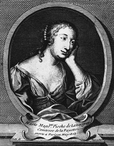 Medaljongportrett av Marie-Madeleine Pioche de La Vergne, Comtesse de La Fayette (1634-1693), fransk romanforfatter, gravering av Etienne Jehandier Desrochers (1668-1741)