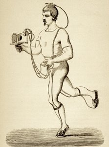 Runner utstyrt med apparatet beregnet på å registrere hans forskjellige skritt, fra Popular Science Monthly, pub.1875