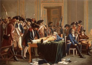 Morgenen den 10. Thermidor år II; Maximilien de Robespierre, med en brukket kjeve, spredt på et bord (chromolitho) av Etienne Lucien (after) Melingue