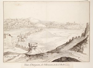 Utsikt over broen ved Avignon med utsikt mot Villeneuve, tidlig på 1600-tallet