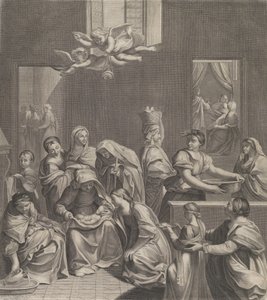 Jomfruens fødsel, kvinne sittende med et spedbarn i fanget, mange kvinner rundt..., 1677. av Etienne Picart