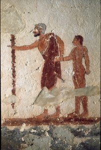 En gammel mann akkompagnert av en ung mann (Fresco, detalj, 530 f.Kr.) av Etruscan