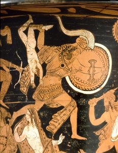 Antik etrusk: klokkekrater som representerer ødeleggelsen av Troja: detalj som viser Neoptoleme som kaster Astyanax, sønn av Hector, over veggene. Fra Falerii Veteres (Civita Castellana). 350-300 f.Kr. Roma, Museo Nazionale di Villa Giulia av Etruscan