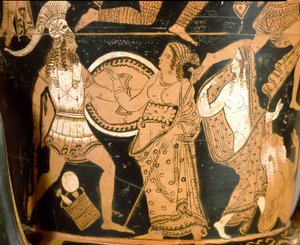 Antik etrusk: krater i klokke som representerer ødeleggelsen av Troja: detalj som representerer Menelas vendt mot Afrodite, Helene er representert til høyre. Fra Falerii Veteres (Civita Castellana). 350-300 f.Kr. Roma, Museo Nazionale di Villa Giulia av Etruscan