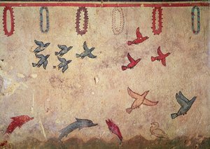 Vannfugler og hoppende delfiner, fra graven for jakt og fiske, ca. 520-10 f.Kr. (veggmaleri) av Etruscan