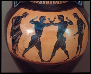 Etruskisk sivilisasjon: Terracotta amphora decoree d"une scene de pugilat, detalj 550-500 f.Kr. Fra Krigerens grav i Vulci, Italia av Etruscan