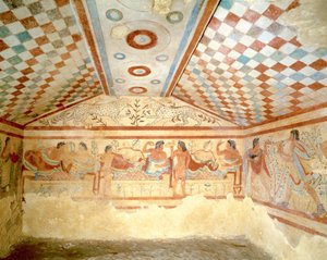 Etruskisk leopardgrav, freskomaleri som viser bankettscene, Tarquinia. 5. århundre f.Kr., Italia (fresco)