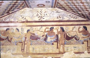 Etruskisk leopardgrav, freskomaleri som viser bankettscene, Tarquinia. 5. århundre f.Kr., Italia (fresco)