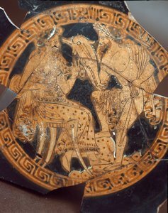 Etruskisk antikvitet: detalj av en kylix som representerer Poseidon og Amphitrite. Fra Falerii Veteres (Civita Castellana) 600-tallet f.Kr. Roma, Nasjonalmuseet for Villa Giulia av Etruscan
