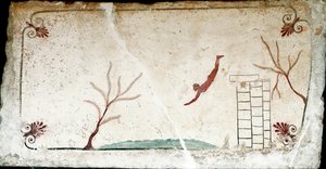 Etruskisk kunst: En ung svømmer som dykker. Freske av graven til "dykkeren". Fra den sørlige kirkegården i Paestum. 480-470 f.Kr. Museo Archeologico Nazionale, Paestum