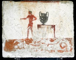 Etruskisk kunst: en ung naken ephebe nær et bord hvor en vase er plassert. Freske av graven til "dykkeren". Fra den sørlige kirkegården i Paestum. 480-470 f.Kr. Museo Archeologico Nazionale, Paestum av Etruscan