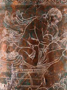 Etruskisk kunst: detalj av bronse Ficoroni Cistus som representerer legenden om Argonautene: skipet Argos. Fra Preneste (Palestrina). 340 f.Kr. Museo Nazionale di Villa Giulia, Roma av Etruscan