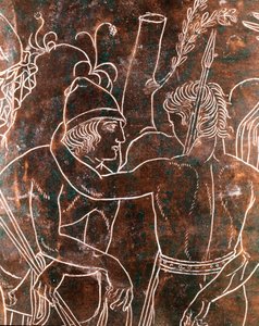 Etruskisk kunst: detalj av bronse Ficoroni Cistus som representerer legenden om Argonautene. Fra Preneste (Palestrina). 340 f.Kr. Nasjonalmuseet for Villa Giulia, Roma av Etruscan