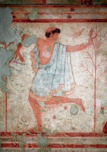 Etruskisk kunst: fresker som representerer bankettscener, detaljer som representerer en danser. Trikliniums grav. 5. århundre f.Kr. Nasjonalt arkeologisk museum i Tarquinia Italia