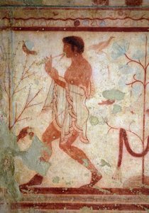 Etruskisk kunst: fresker som representerer bankettscener, detaljer som representerer en fløytespiller. Trikliniums grav. 5. århundre f.Kr. Nasjonalt arkeologisk museum i Tarquinia Italia av Etruscan