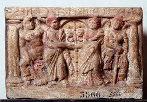Etruskisk sivilisasjon: Terrakotta urne fra Chiusi Italia - 2. århundre f.Kr. Dim 20x30 cm (etruskisk kunst: terrakotta urne 2. århundre f.Kr.) Firenze, Museo Archeologico, inv 5566 av Etruscan