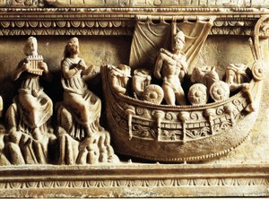 Etruskisk sivilisasjon, alabasturne, detalj av relieff som viser Odyssevs og sirener av Etruscan