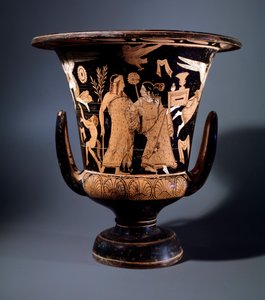 Etruskisk sivilisasjon: terrakottakraterdekor av maleren av Nazzano som representerer Apollo og en menade, 350 f.Kr. Dim 57 cm, Fra stedet til Civita Castellana av Etruscan