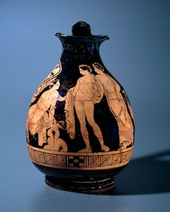 Etruskisk sivilisasjon: terrakotta oenocho dekorert ved verkstedet til maleren av Alcesti som representerer en ung mann som sitter og snakker med to andre personer stående, 360–340 f.Kr. fra Tarquinia, Italia av Etruscan