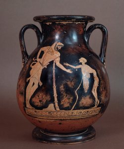 Etruskisk sivilisasjon: terrakotta-pelike som representerer Hercules og en gammel mann, symbol på alderdommen, fra Cerveteri, Italia, 5.-4. århundre f.Kr. av Etruscan