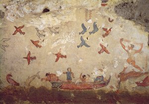 Fiskere i båt og fugler som flyr, fra graven for fiske og jakt, ca. 520-510 f.Kr. (veggmaleri) av Etruscan