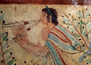Fløytist. Detalj av en freskomaleri av leopardenes grav, 500-tallet f.Kr av Etruscan
