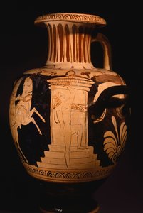 Hydria av maleren av Biga Vaticana (Vatican Chariot), som viser detaljer om aedikelen med maleren på jobb. Keramikk med rød figur. Etruskisk sivilisasjon, 4. århundre f.Kr. av Etruscan