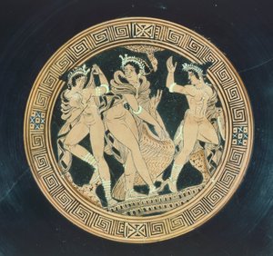 Kylix, detalj. Keramikk med rød figur. Etruskisk sivilisasjon, 5.-4. århundre f.Kr. av Etruscan