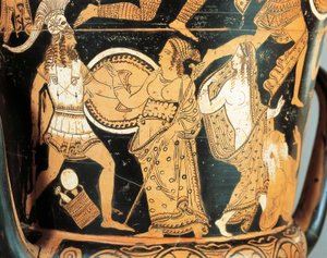 Keramikk med rød figur, detalj av krater som viser Menelaos møtt av Afrodite når han når Helen, fra Civita Castellana, gamle Falerii, Roma-provinsen, Italia av Etruscan