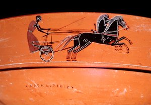 Terracotta vase detalj som representerer en vogn trukket av to hester, 4. århundre f.Kr av Etruscan
