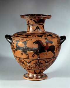 Keramisk vann med svarte figurer, kalt Caere. Ansikt: hjortjakt Revers: to okser-vinger galopperende i motsatt retning. Omtrent 540-530 f.Kr. Søn 0,4 m Paris, Musée du Louvre av Etruscan Etruscan