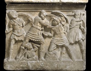 Etruskisk kunst: "" Eteocle and Polynice""" de to brødrene, sønn av Oidipus, Basrelieff av en sarkofag av Chiusi, 3. århundre f.Kr. - Palermo, Museo Archeologico Nazionale - Duell mellom brødrene Eteocles og Polynices, sønner av Oedipus - Bas - lettelse, d