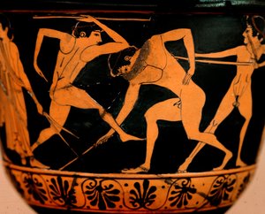 Etruskisk kunst: pyxis dekorerer en palestra-scene, idrettsutøvere øver på spydkast fra Cerveteri. Roma, Museo di Villa Giulia