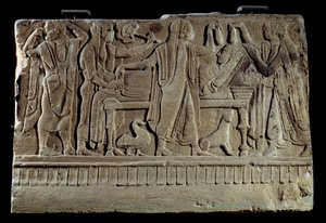 Etruskisk antikvitet: Plakett med begravelsescippe. Utstilling av avdøde på hennes begravelsesseng. Paris, Musée du Louvre av Etruscan Etruscan