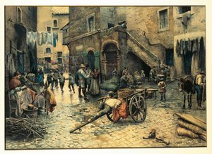 Italia, Roma, Gateliv på Via Capocciuto i (jødisk) ghetto i Roma av Ettore Roesler Franz, akvarell
