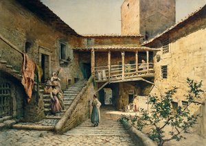 Gårdsplassen i Anguillara Palace i Roma, fra serien Disappeared Rome, av Ettore Roesler Franz (1845-1907)
